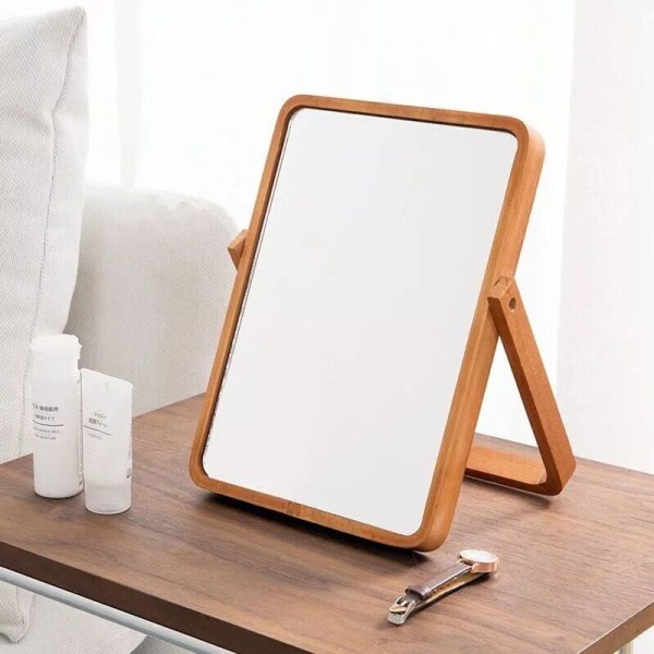 Træbordspejl Makeup-spejl Bordspejl med stativ Folde HD rektangel Fritstående badeværelsesspejl Skrivebordsspejl med stativ (gul),