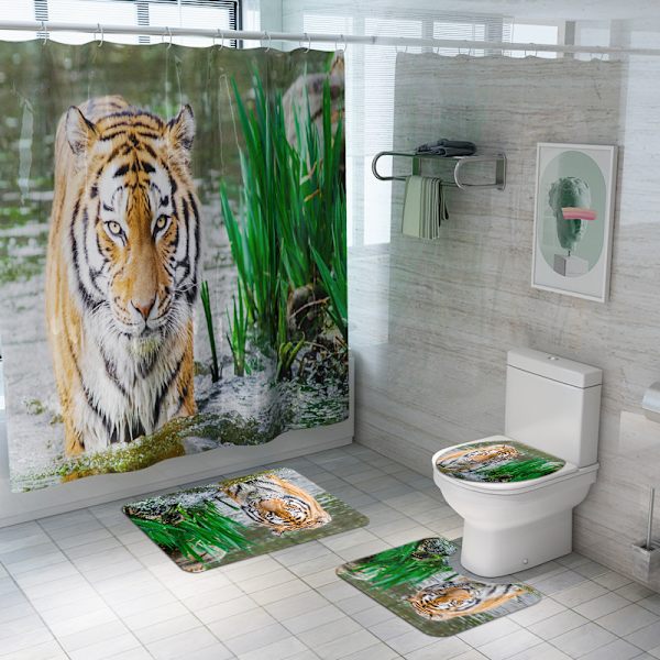 Animal Series Vandtæt bruseforhæng 4-delt toiletpudesæt Badeværelsesgardin, M3,