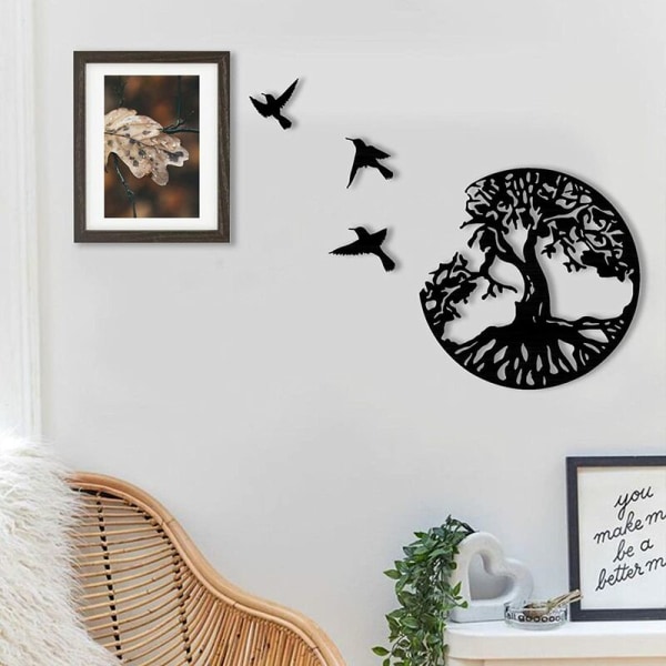 Tree Of Life Metal Vegg Art With Birds Black Deco - 28CM/11.02in Tree Of Life Veggdekor Moderne Metal Wall Art Sign​Fami