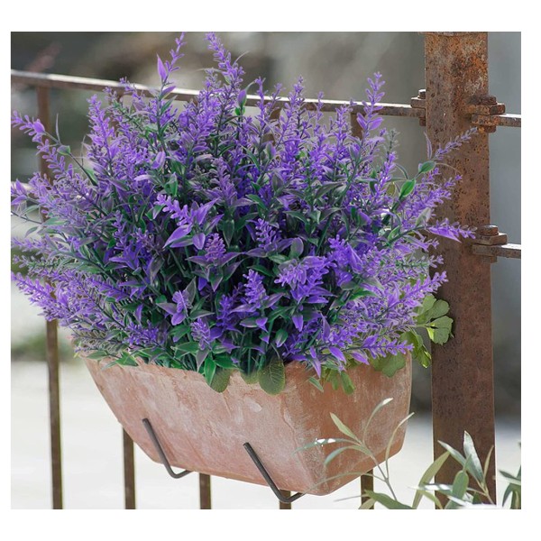 Utomhus konstgjorda blommor falska lavendelväxter inomhus UV-beständig plast konstgjord bukett utomhus hem trädgård veranda dekoration (lila)