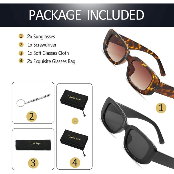 2-pakningsbrille med firkantet innfatning for kvinner med UV 400-beskyttelse og vintage mote (te-stykke med leopardinnfatning + svart innfatning, svart stykke)