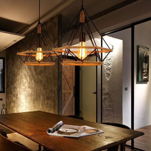 Sæt med 2 Retro Hemp Reb Pendel Lysekrone Diamant Loftslampe E27 til Soveværelse Stue Sort - Sort