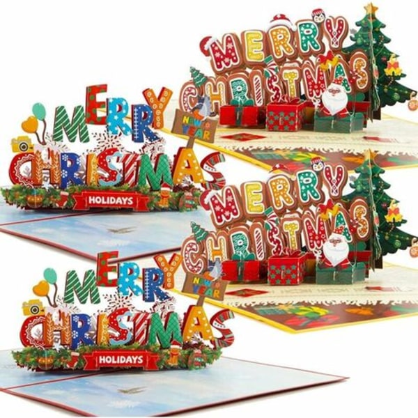 Pak Glædelig Jul Pop Up-kort, 14 x 20 cm Håndlavede 3D-julelykønskningskort Pop Up-julekort med konvolut a