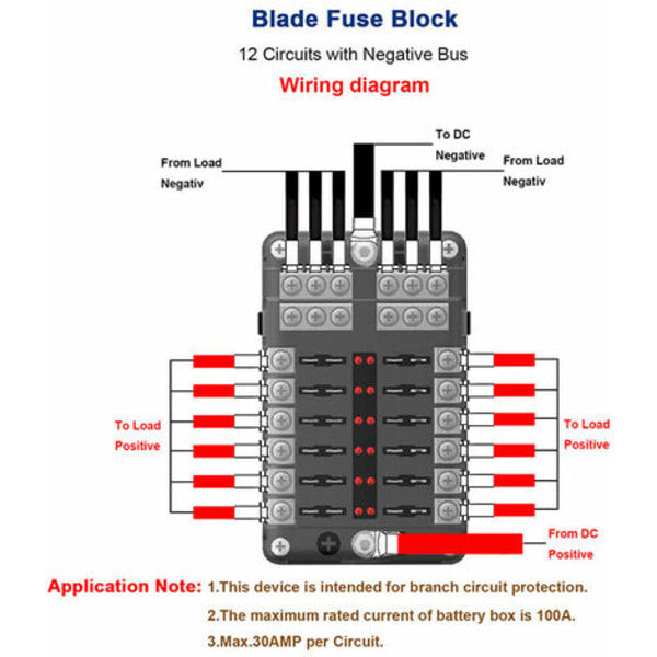 1st 12-vägs bladsäkringsblock ATC/ATO negativ buss med matchande säkringar, jordterminaler, LED-indikator för bil, båt, Bo
