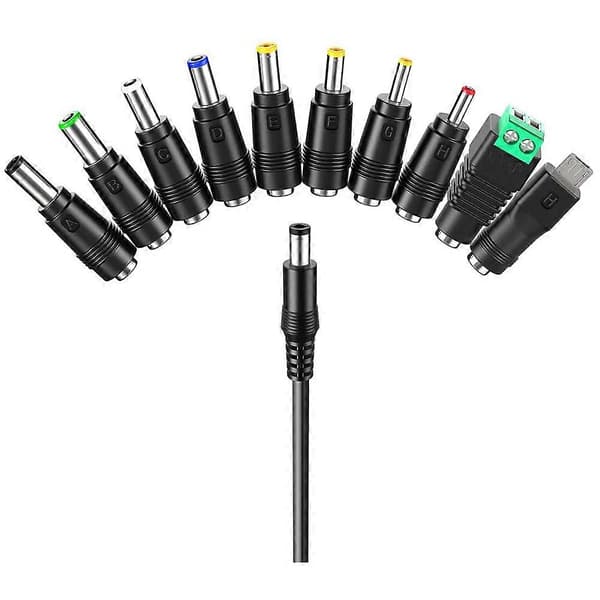 USB til DC strømkabel Universal USB til DC Jack opladerkabel strømkabel med 10 udskiftelige stikadaptere Svart