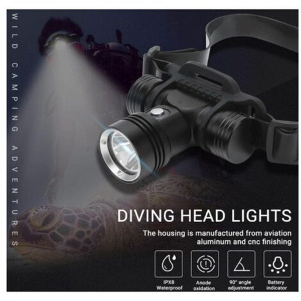 Superlys hodelykt for dykking LED høyeffekt oppladbar lommelykt 2000 lumen 3 moduser og 90° rotasjon (svart) -