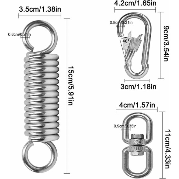 Fjäderfjäder, stålfjäder, roterande fjäderhängmatta, med 2 karbinhakar och 360° svängbar, lastkapacitet upp till 250 kg