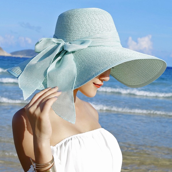 Seaside Solskydd Stråhatt Vikbar strandhatt for kvinner Hatt med stor kant (Mintgrön)