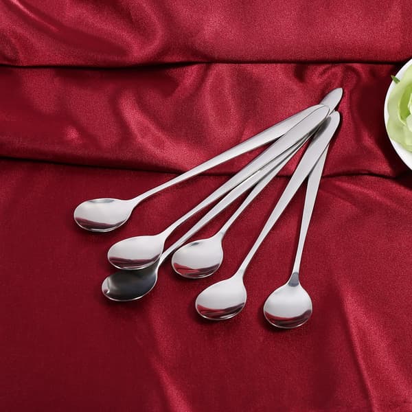 6 stk. stilfulde langskaftede latte-is-sundae-kaffe-suppe-teskeer i rustfrit stål, nye