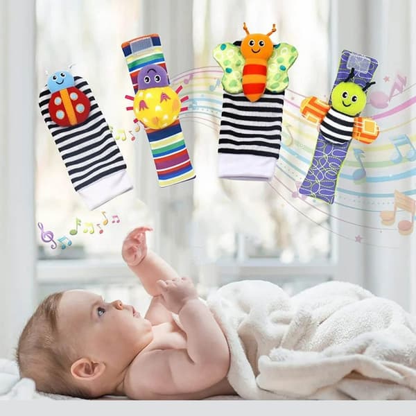 Babyrangleleker Tegneserie Bomullssokker og Håndleddsstropper Spedbarn Tidlig Utdanning Sensoriske Leker Stripe