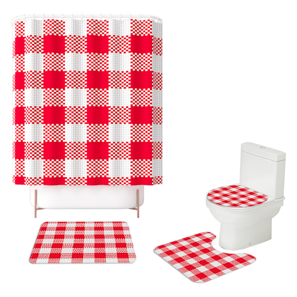 Klassinen ruudullinen printed suihkuverho WC-lattiamatto Suihkuverho neljäosainen set, A03,