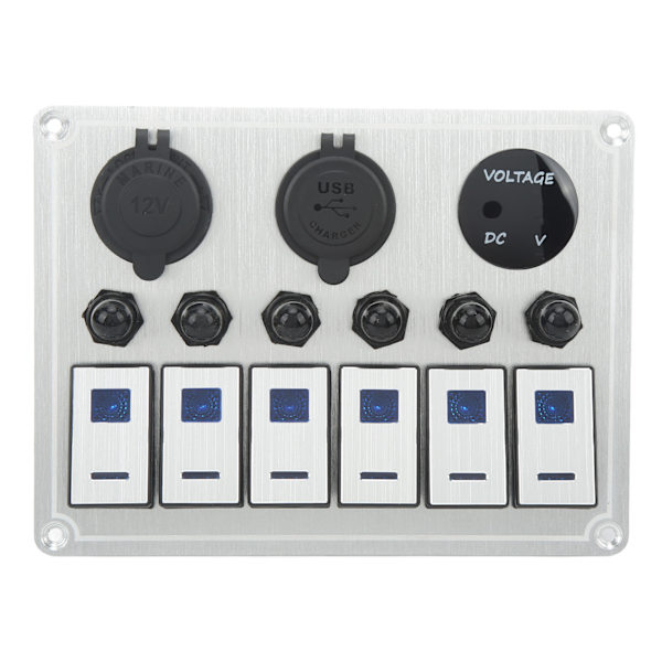 6 Gang On Off Rocker Switch Panel Vandtæt Switch Panel med 2 Blå LED til Bil RV UTV