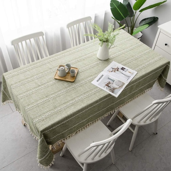 Tyylikäs puuvilla- ja pellavapöytäliina, pestävä keittiön cover ruokapöytään, piknikpöytäliina (raidat - vihreä, 100 x 160 cm),