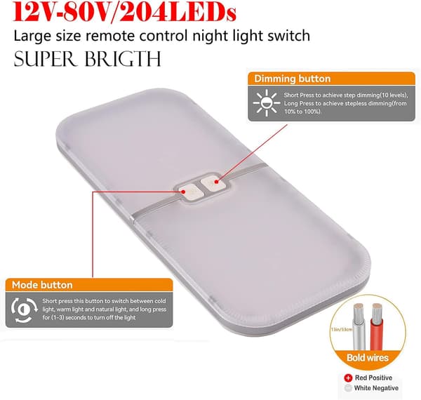 12V LED Loftslampe til Campingvogn, 204 LED'er, 15W Dæmpbar, 3 Farver