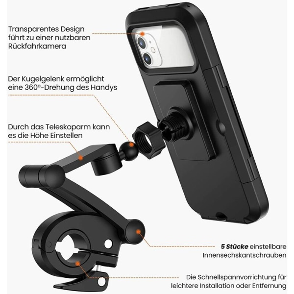 Mobiltelefonholder for sykkel, vanntett smarttelefonholder med berøringsskjerm, 360° svingbar, høydejusterbar for opptil 6,7 Inc.