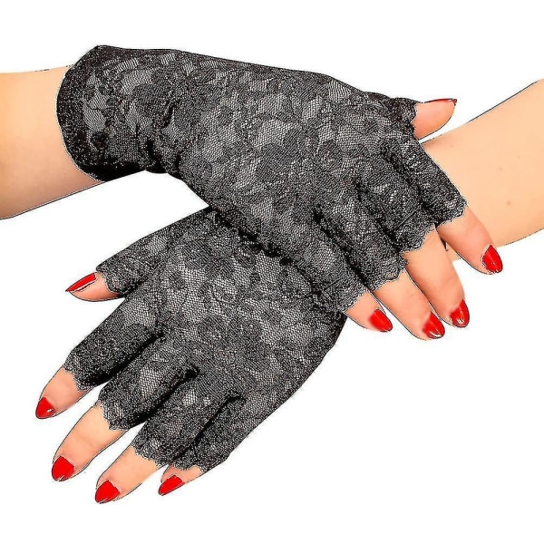Svarta spetshandskar för damer halvfinger spetshandskar Uv-skydd för finklänning (2 par)