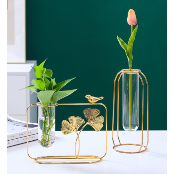 Hydroponisk glass vase glass blomsterpotte med jernramme for kreativ blomsterdekorasjon i hjemmet stuebord