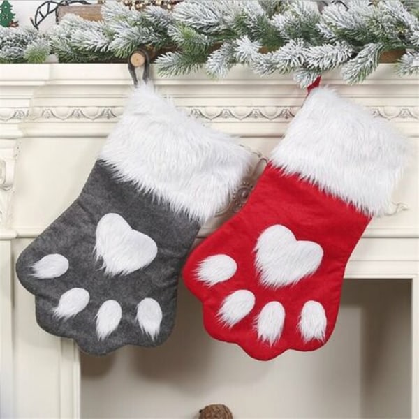 Hund Cat Paw Julstrumpa, plysch hängstrumpor för semester och juldekorationer (stor/16,5 tum, 2-pack/grå+röd