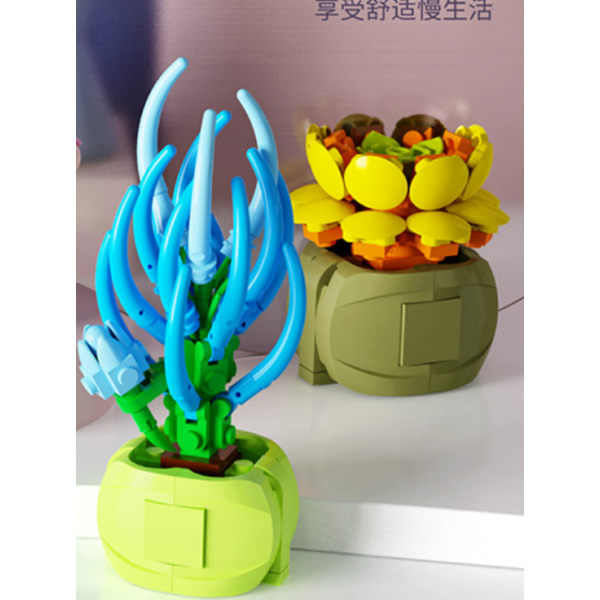 Blindkasse Sukkulente byggeklodser Blomst Børnemanual Plantekompatibel Små partikel samlet legetøj Tide Play (Sukkulent Tilfældig 4 stilarter),