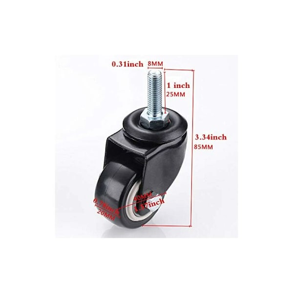 M8x25mm 4stk lastbærende 240kg vogn svingbare hjul PU møbelpulver erstatning (uten bremsehjul)