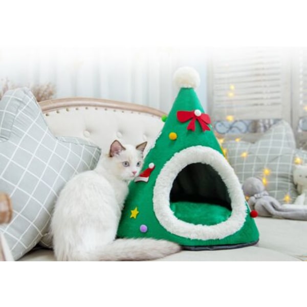 Christmas Cat Hat Cat House Vindtett reir Jul Varm katteseng til vinter Komfortabel kattehusseng，grønn katteseng