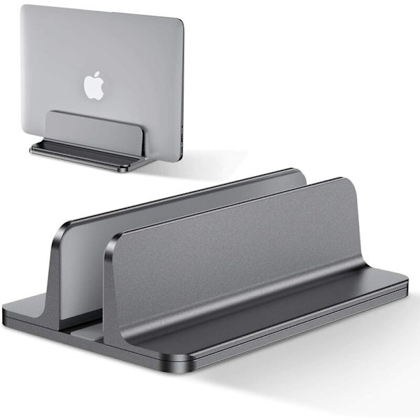 Grå lodret bærbar holder, justerbar aluminiumsholder til bærbar computer, [Enkelt åbning + justerbar bredde + universal mobiltelefonhylde]
