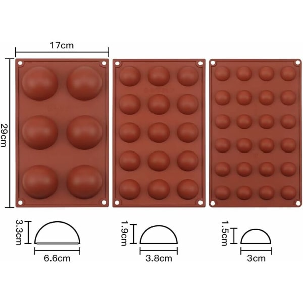 3 stk semi-sfære silikonform sjokoladekuleform forskjellige størrelser godteriformer 6 hulrom 15 hulrom 24 hulrom