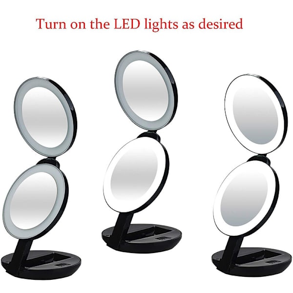 Svart diameter 11,43*2,9 cm Bärbar hopfällbar trefaldig sminkspegel Dubbelsidig Led Bärbar Skönhetsspegel med fyllningsljus