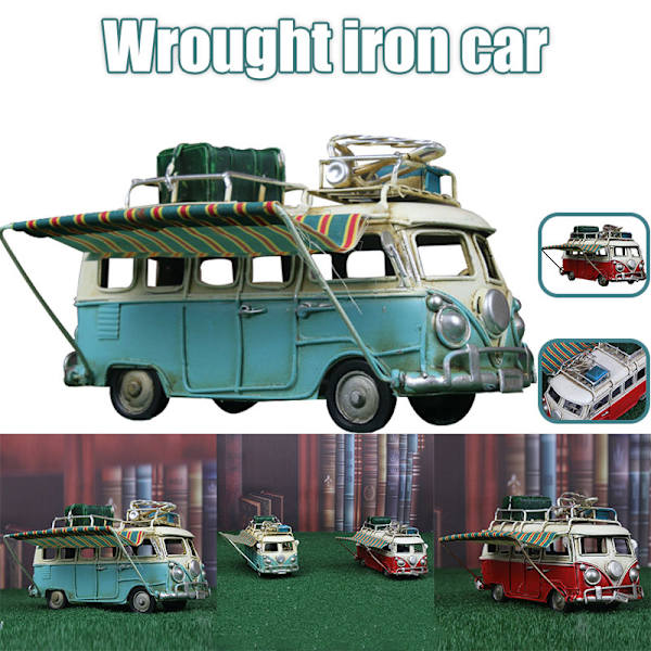 Metall Bilmodell Vintage RV Husbil Leksak Simulointi Limousine Strandbuss Heminredning För Desktop Hylla Blue