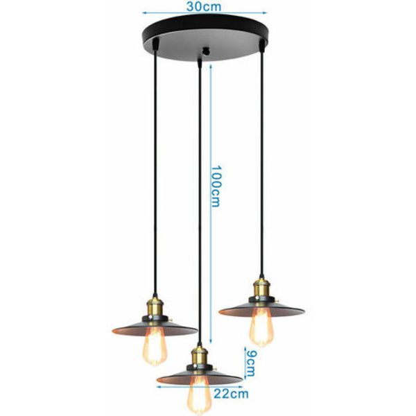 Ljuskrona Suspension Edison E27 3 Lampor för sovrum kök Bar Svart - Svart
