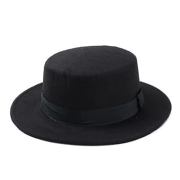 (Pow yeah!) Trendy Uldgrå Pork Pie Skipper Flat Top Hat med Filt i Sort