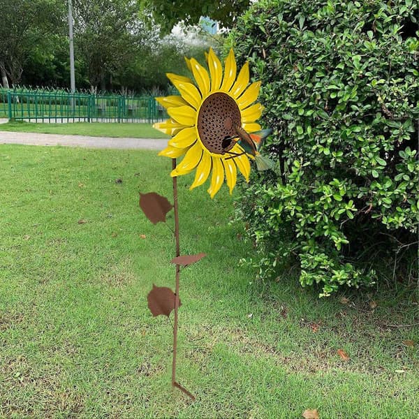 Gul solsikke kolibri havefuglefoderbræt med metalblomsterdesign til udendørs terrasseindretning