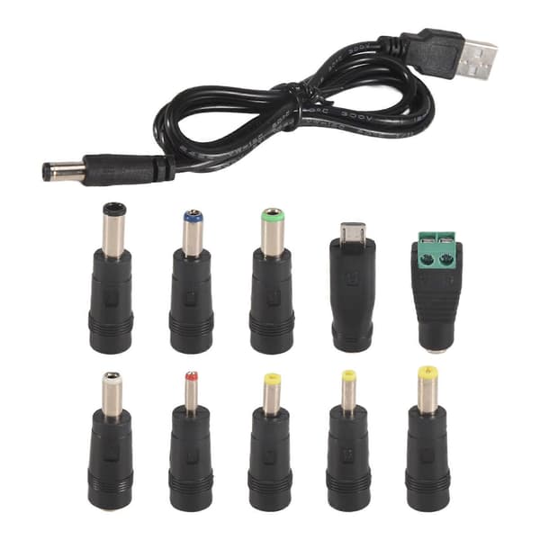 USB til DC strømkabel Universal USB til DC Jack opladerkabel strømkabel med 10 udskiftelige stikadaptere Svart