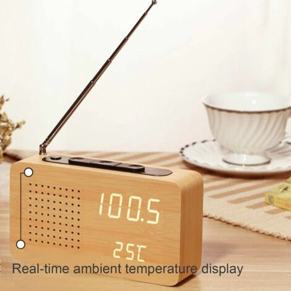 Retro multifunktionell sängradio i trä, tyst väckarklocka för den lata, kreativa elektroniska presentklockan (prickat nät