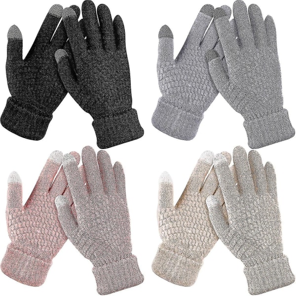 4 par elastiska manschett för kvinnor Vinter varm fleecefodrad pekskärm stickade handskar