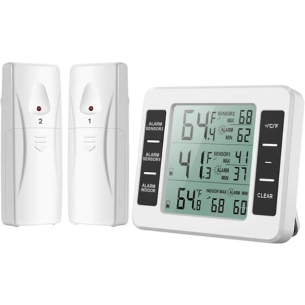 Kyltermometer, kyltermometer med fryslarm, trådlös inomhustermometer med 2 sensorer, MIN