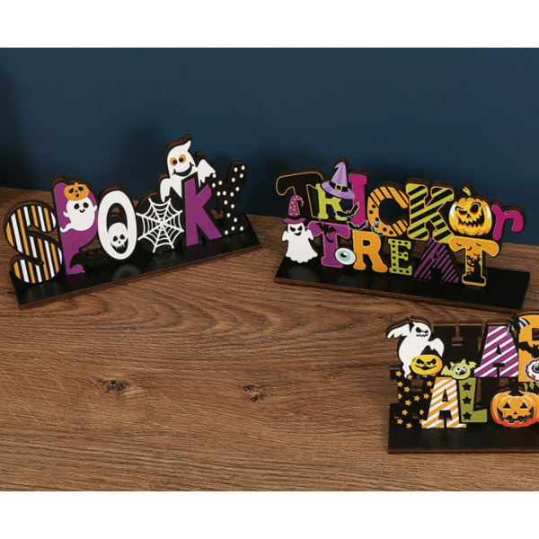 3 stykker av nye Halloween tre ornamenter ornamenter med base bokstav gresskar skrivebord tilbehør ornamenter