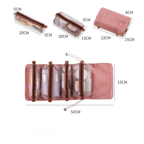 Rosa avtagbar kosmetikkveske Bærbar fire-i-ett-vaskepose Bærbar, sammenleggbar, sammenleggbar reiseoppbevaring med stor kapasitet