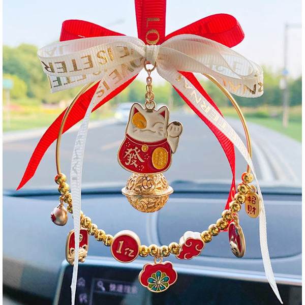 Lucky Cat Car Pendant Sunn fornuft Gode ting skjer Gullhengende bil bakspeilsmykker (to heldige katter tjener en formue)