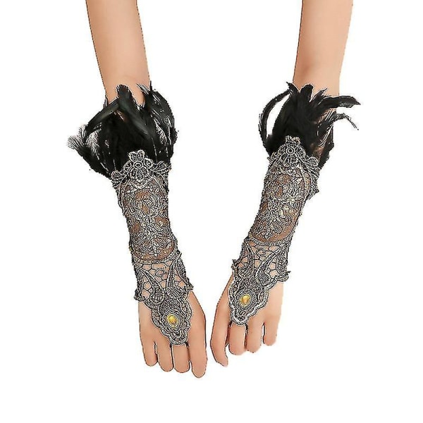 Kvinners vintage fjær blonder fingerløse lange hansker stretch håndledd mansjetter armbånd til bryllup Halloween fest