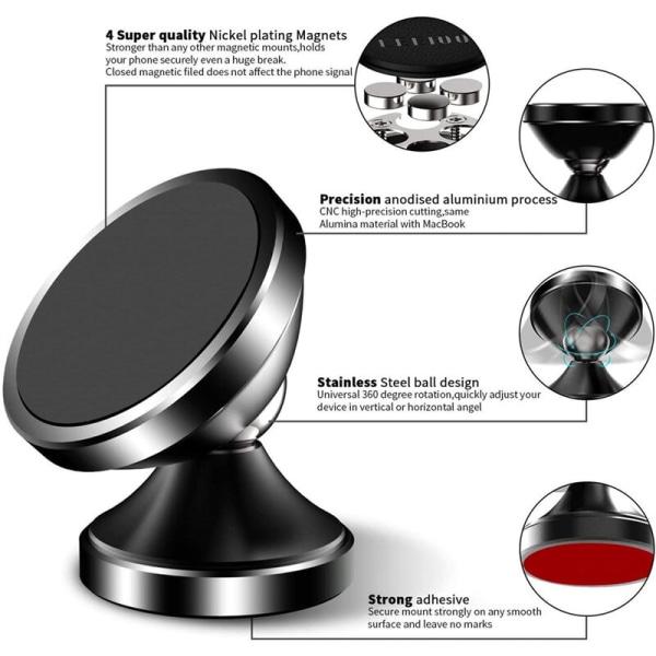 To svarte magnetiske braketter for bilmobiltelefoner 360 graders multifunksjonell mobiltelefonholder,