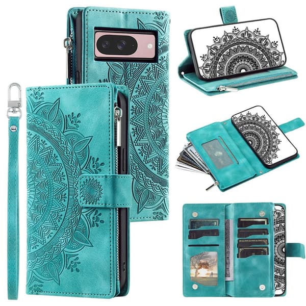For Google Pixel 10 Pro / 10 / 9 Pro / 9 Lommebok Deksel Shell Mandala Blomstermønster Green green