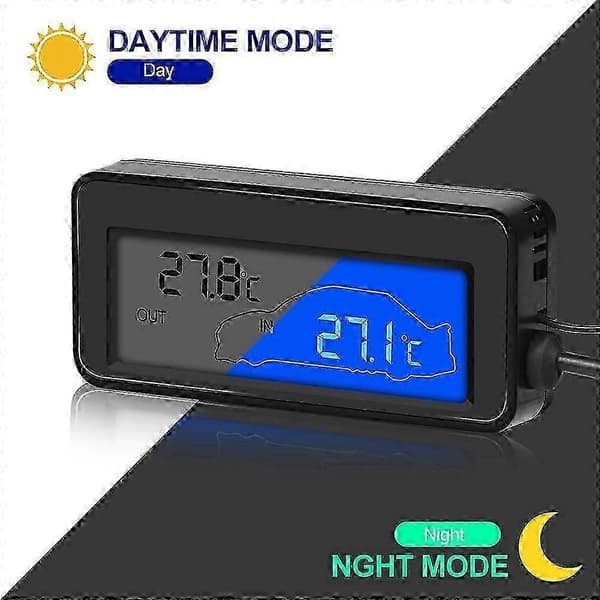 Bil innendørs/utendørs termometer med sensor Mini LCD digitalt display temperatur Auto 12V digitalt termometer praktisk med blå bakgrunnsbelysning - L