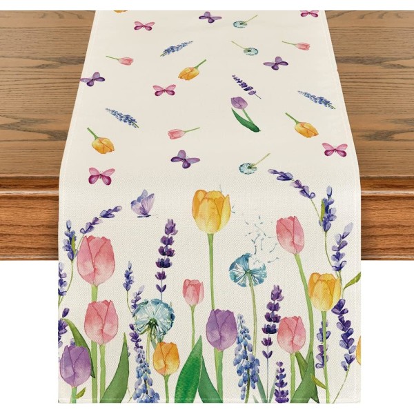 Lavendel tulipan forårsbordløber, sommer sæsonbestemt Fødselsdag Ferie Køkkenbordsindretning til udendørs indendørs hjemmefestdekoration 13" x 72"