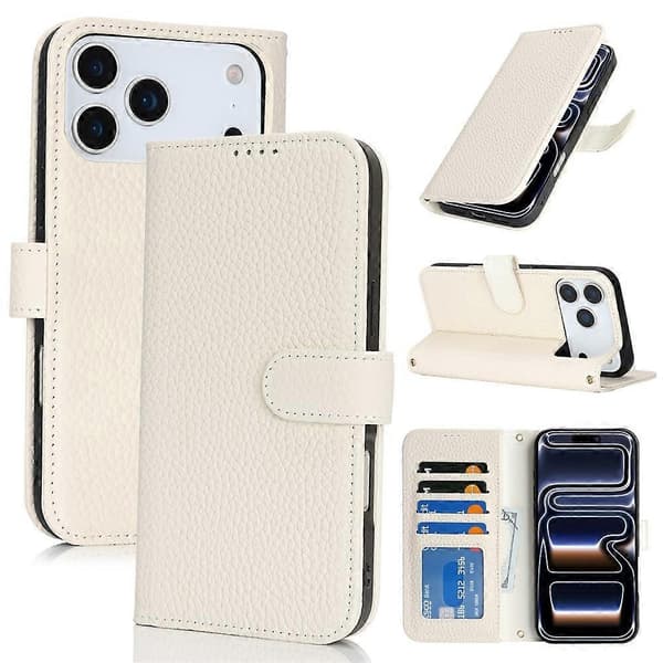 Kompatibelt för iPhone 17 Pro Ställfodral Litchi Textur Äkta Läder Plånbok Telefonfodral RFID White