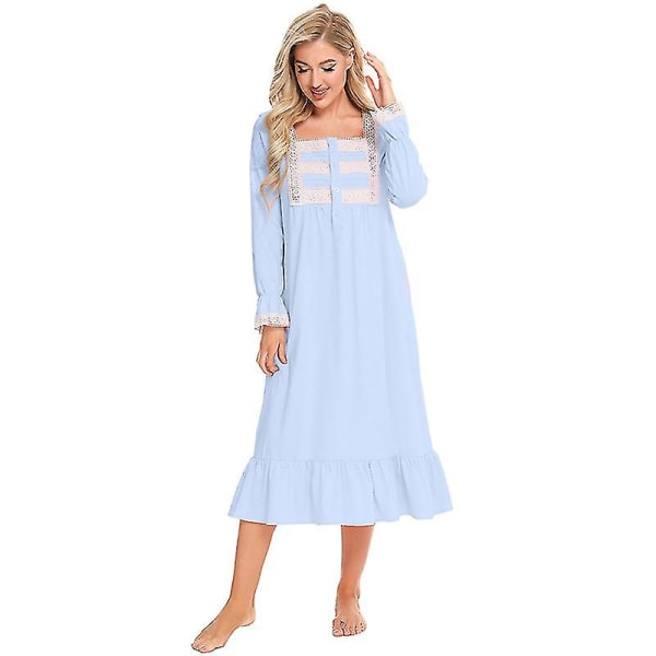 Victorian Nightgown puuvillainen Sleepshirt pitkähihainen S Light blue