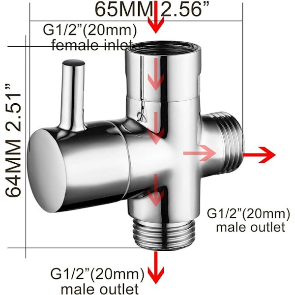 3-vejsventil massivt messing G1/2" universalfitting til håndbruser, krom DSF007