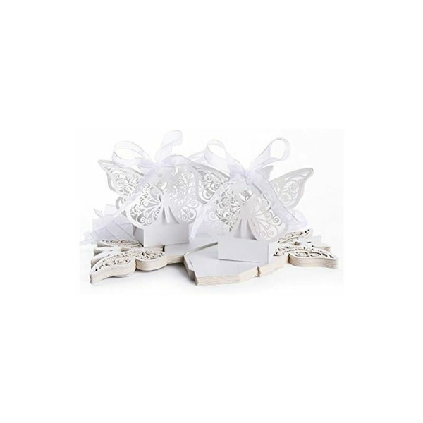 Paket med 50 hopfällbara 3D Butterfly Candy Favor Boxes för bröllopsfest med lila vita band,