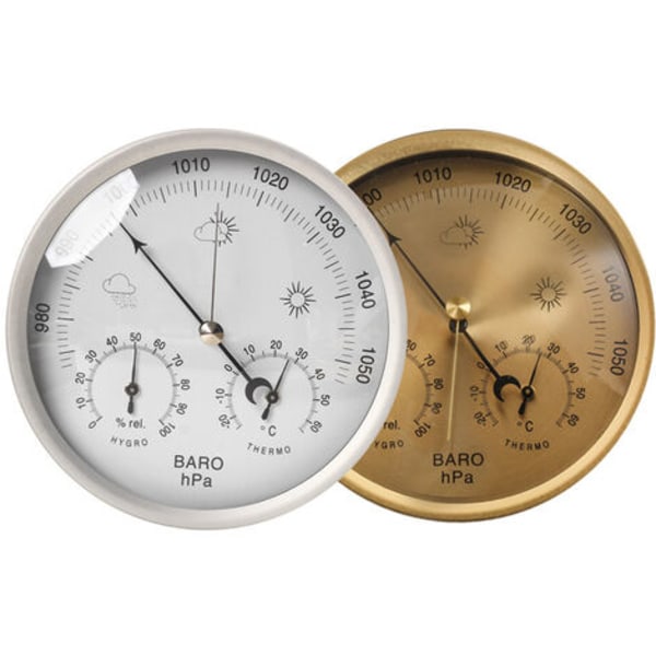 Analog værstasjon 3 i 1 rustfritt stål Ø132 mm - Barometer, termometer, hygrometer, gull