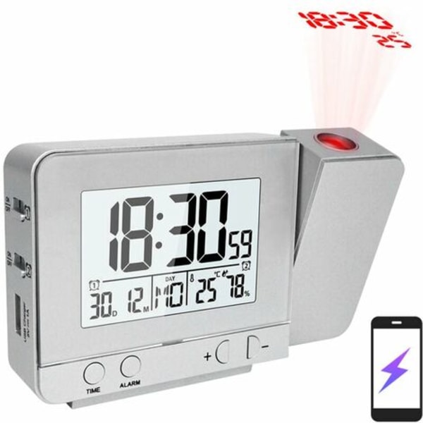 Projektionsväckarklocka för sovrum med termometer Hygrometer Led-tak Projektklocka Digital dimbar display med U